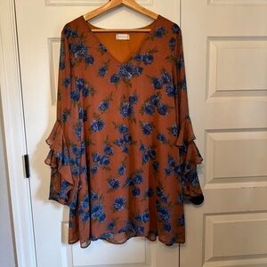 Altar'd State Blue Floral Tunic with Ruffle Sleeves